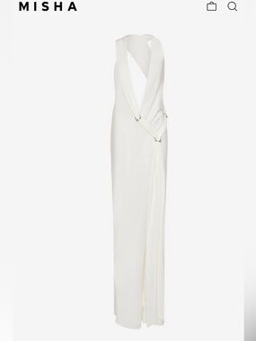 MISHA COLLECTION Ivory Plunge Halter Draped Maxi Dress